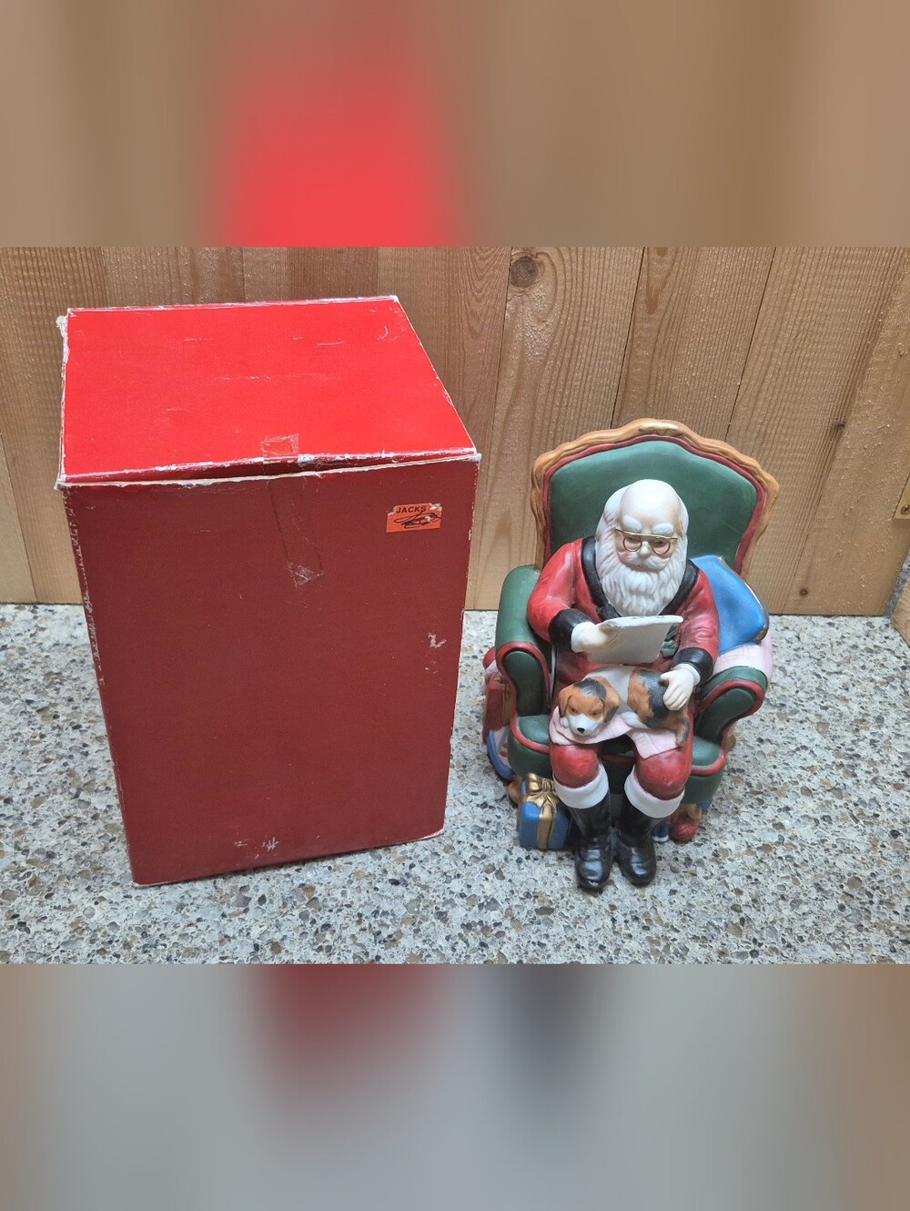 Vintage Musical Santa in Armchair Puppies Reading Letter Plays Here Comes Santa